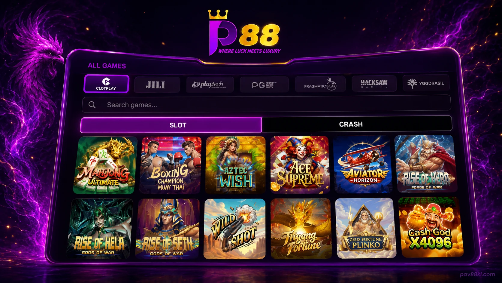 Pavilion88 game lobby with slot, crash and provider filters