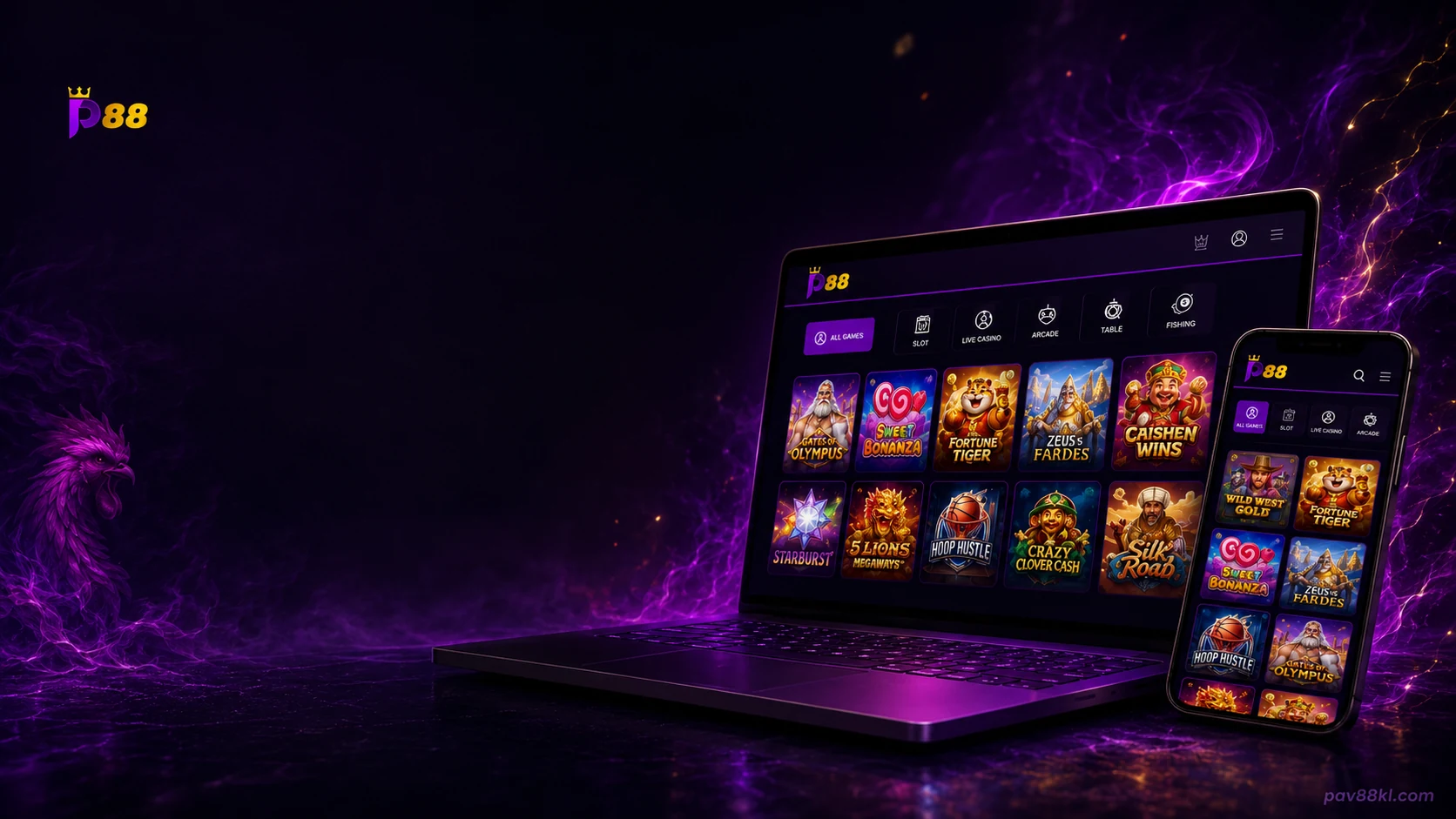 Pavilion88 desktop and mobile gaming interface in a purple and gold editorial scene